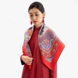 Khăn lụa vuông Phượng ảnh lưu vân đỏ son 90x90 cm
